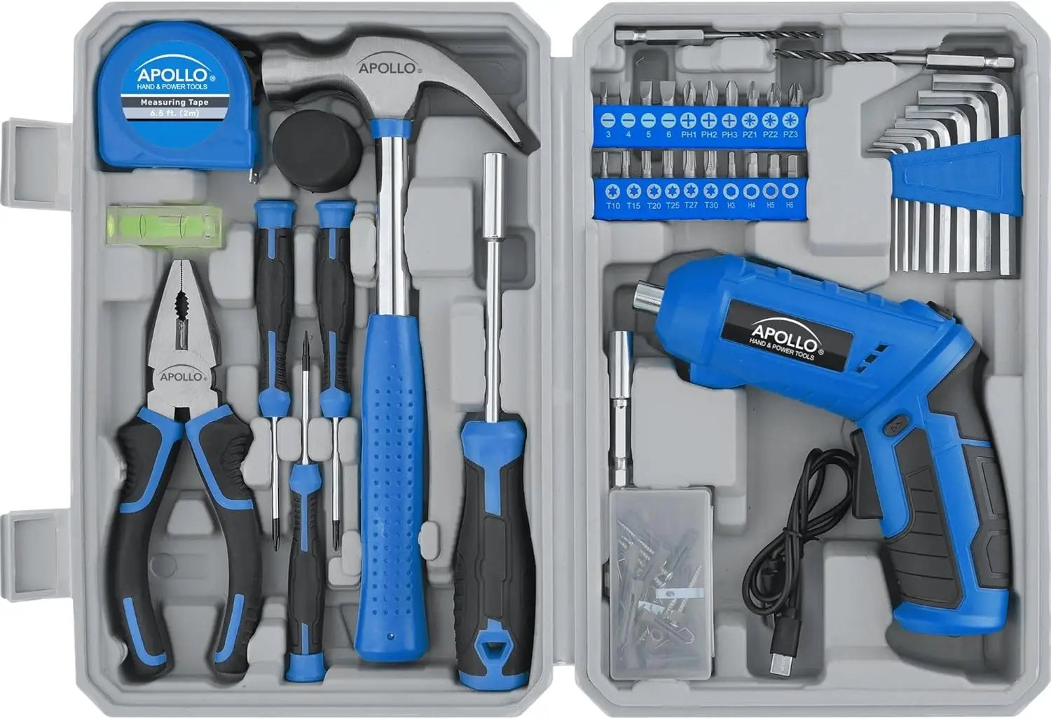 

81-Piece Home Tool Set with 3.6V Cordless Screwdriver, LED Light, Rotating Handle & Picture Hanging Kit – Compact DIY Repair Too