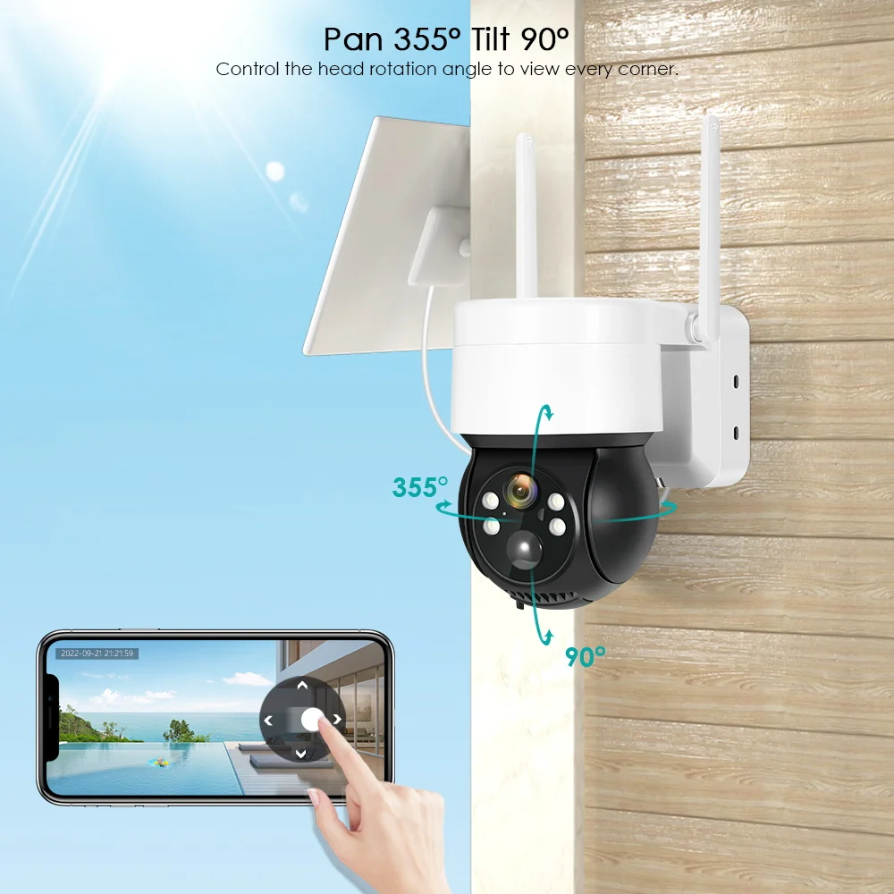 4MP 2K Wireless Wifi Surveillance Camera With Solar Panel Outdoor PTZ Camera Built-in 7800mAh Recharge Battery 180 Days Standby