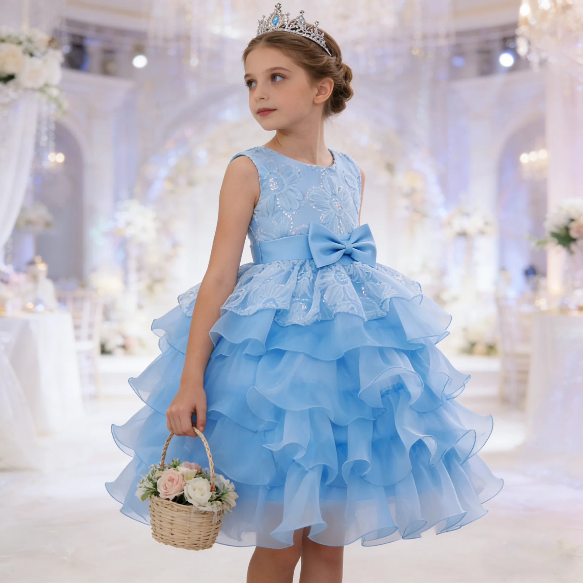 3-12T Flower Girls Princess Tutu Dress Elegant Toddler Kid Formal Clothes Sleeveless Embroidery Birthday Party Evening Dress
