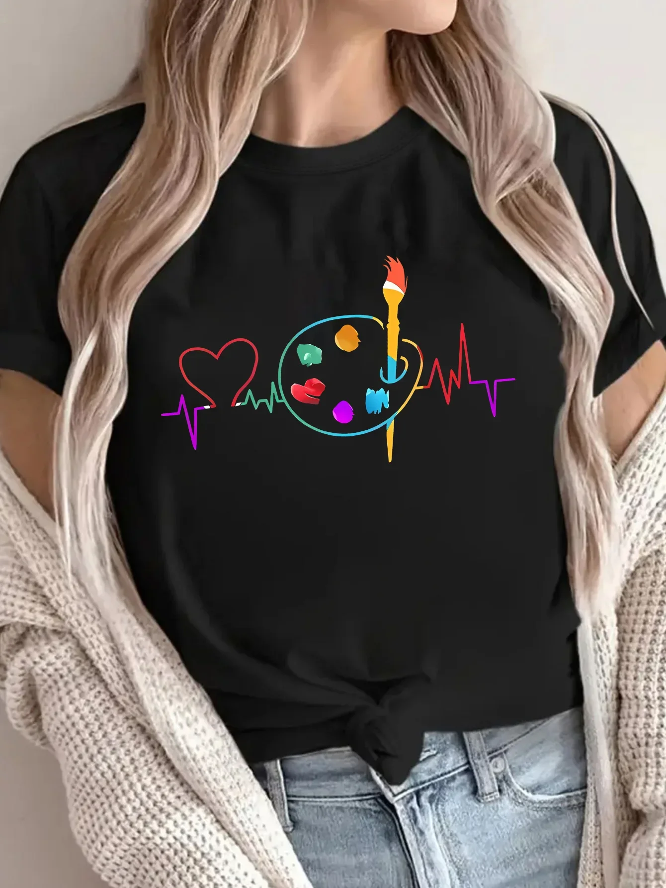 Breathable Round Spring Summer Fashion Casual  Seasonal Fashion Women's Casual Sleeve T-Shirt Paint Palette Geometric Print