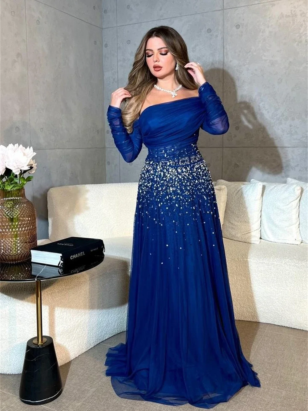 Oisslec Prom Dresses High Quality Sequin Off the Shoulder Empire Party Dress Floor Length Long Sleeve Ruched Formal Evening Gown