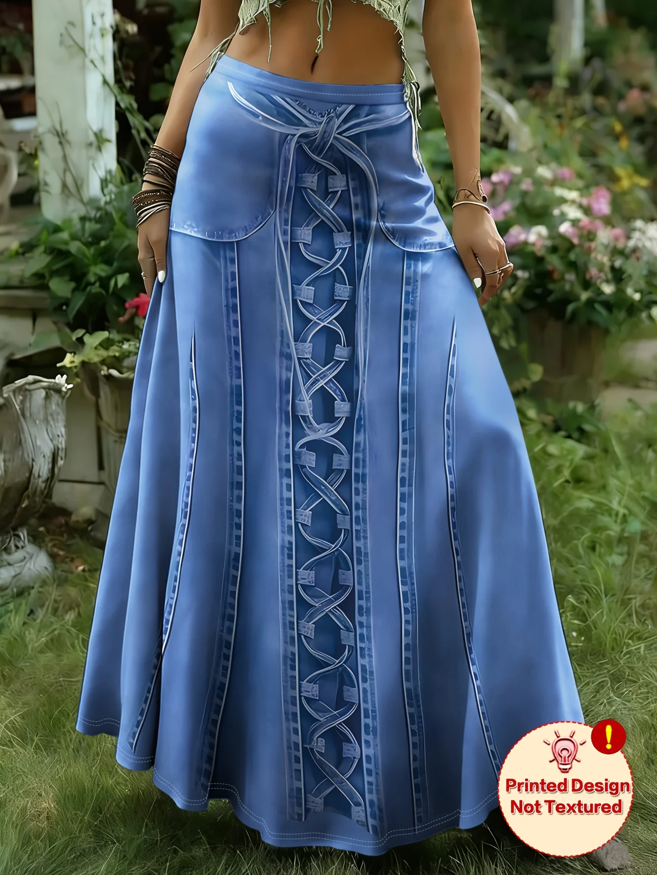 Printed Pants - Not Denim Fabric Women's Plus Size Bohemian Denim Skirt - -Line Skirt with Imitation Denim Print