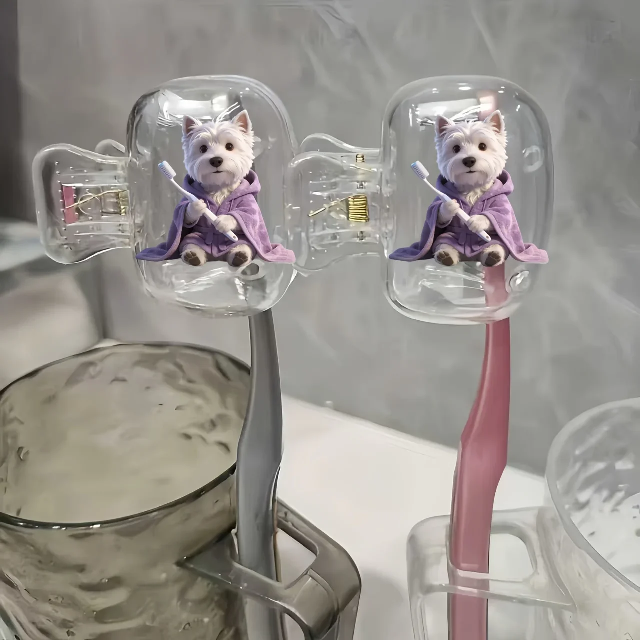 2pcs Western Highland White Terrier in a Purple Bathrobe Toothbrush Storage Clip Bathroom Additions for Home And Business Travel