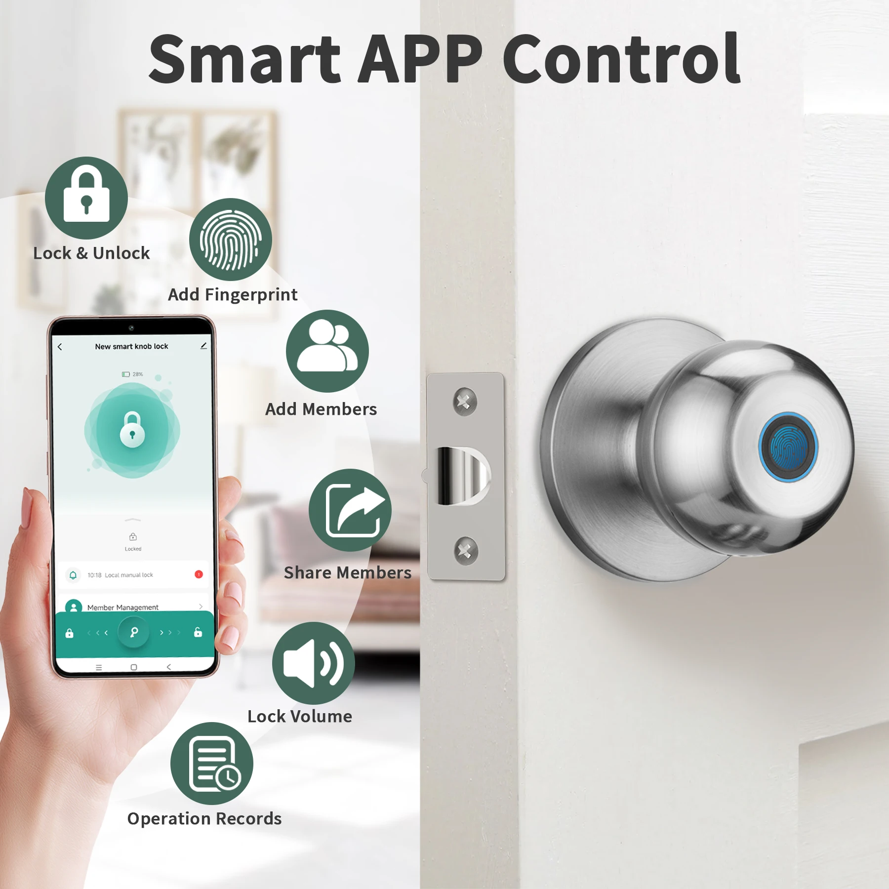 Finger abdruck Türschloss für Schlafzimmer Smart Lock biometrisches Tür knauf schloss mit App-Steuerung für Schlafzimmer Garderobe Wohnungen Büros