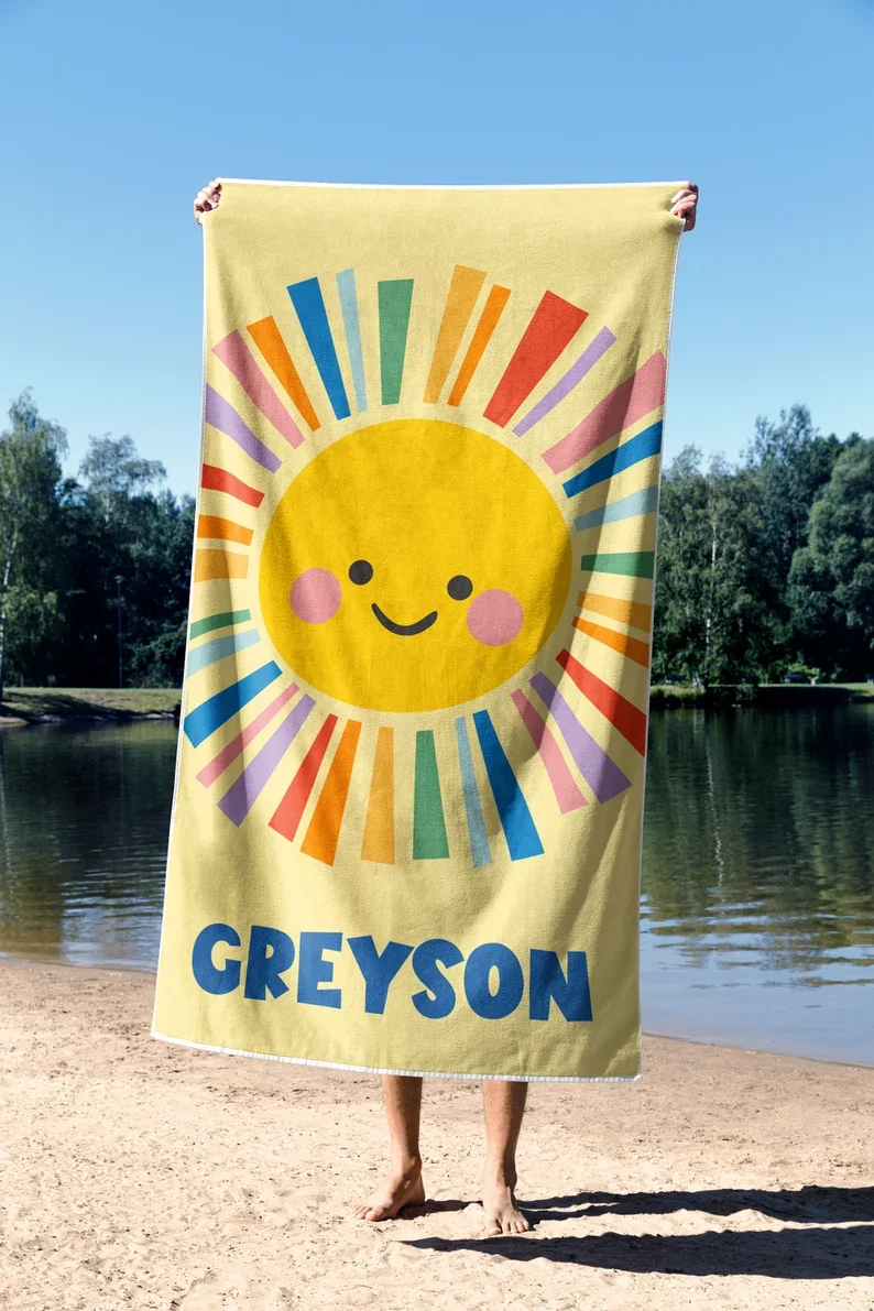 

Personalized Rainbow Sun Beach Towel Sun Beach Towel Custom Colourful Beach Towel Custom Beach Towel for Kids Sunshine Pretty