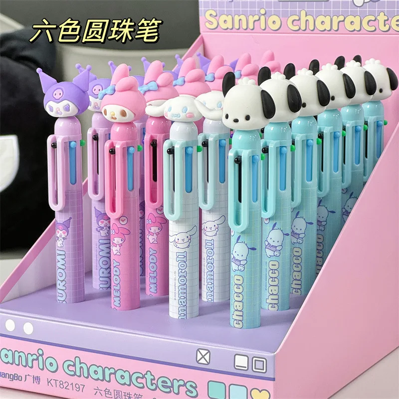 2/24pcs New Sanrio Stationery Kuromi Pochacco Mrlody Six Color Ballpoint Pen Cartoon Cinnamoroll Marking Pens Office Supplies