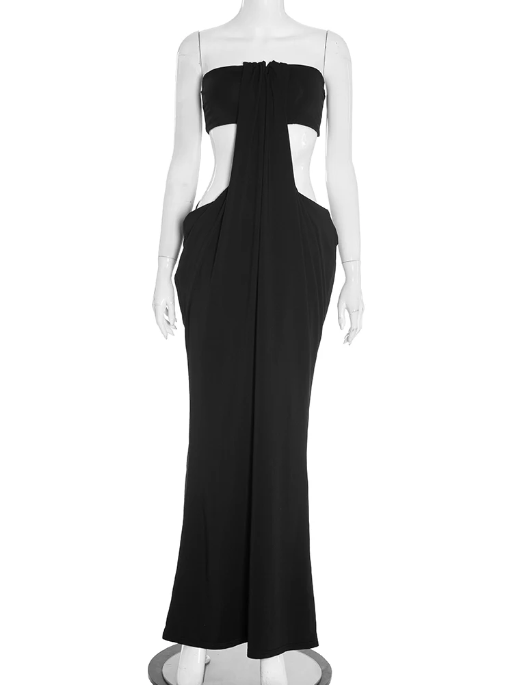 Whatiwear Sexy Hollow Waistless Strapless Dress Women Sexy Off Shoulder Backless Midnight Prom Party Ruched Elegant Long Bodycon
