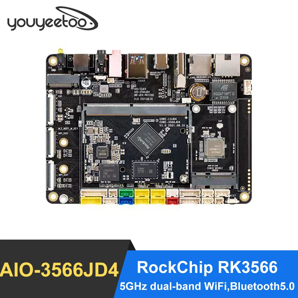 youyeetoo AIO-3566JD4 Development Board Quad-Core 64-Bit Cortex-A55 AI Mainboard 5GHz dual-band WiFi Supports Android, Ubuntu