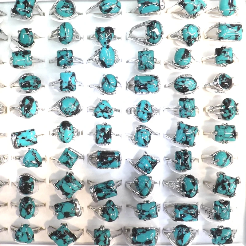 Natural Turquoises Rings With Black Decorative Pattern 50pcs/lot Mixed Models
