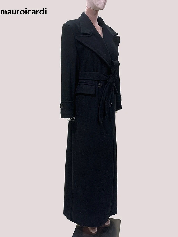 Mauroica Winter Luxury Extra Long Black Warm Soft Wool & Blends Coat for Women Double Breasted Floor Length Woolen Overcoat 2025
