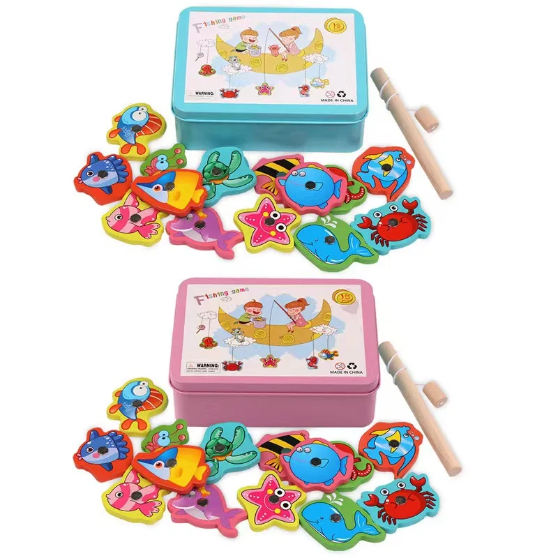 Montessori Wooden Magnetic Fishing Game Magnet Fish Catching Puzzle Educational Toys For Children Motor Skill Training Toy