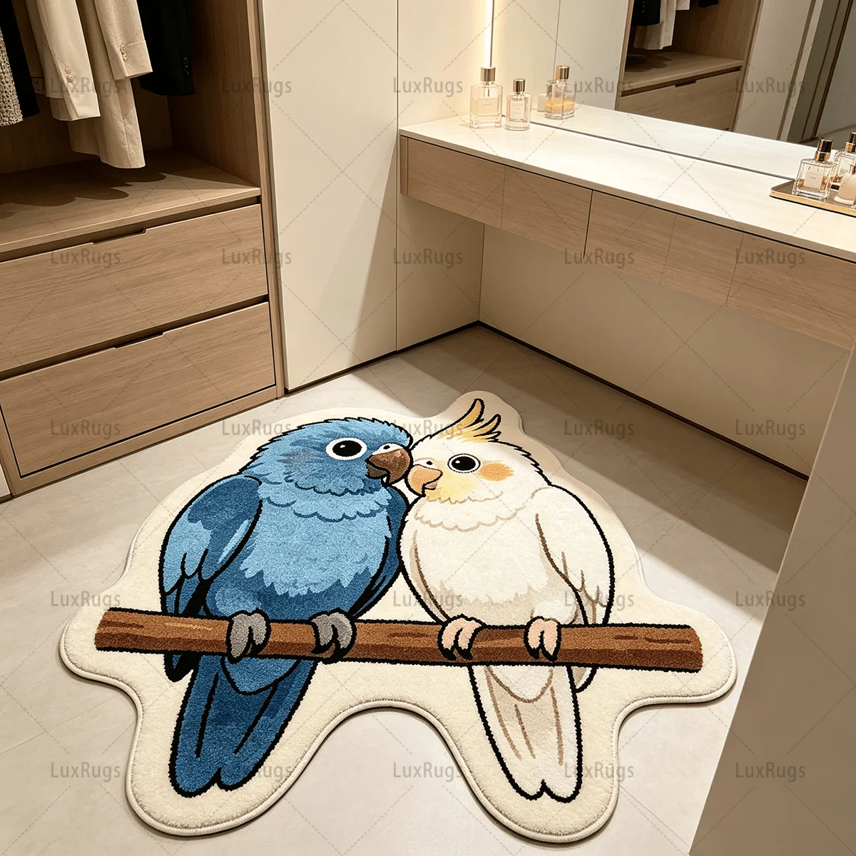 VIKAMA Two Loving Parrots Irregular Rug Blue Parrot White Cockatiel On Branch Non Slip Balcony Bedroom Cute Floor Mat