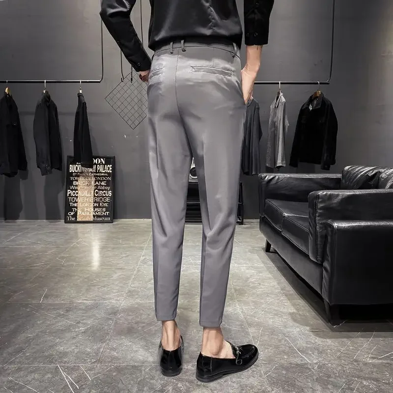 Draped Fluid Black Men\'s Summer Pants Solid Color Male Suit Trousers New in Elegant Slacks Formal Cheap Fabric Tailoring 2024 Up