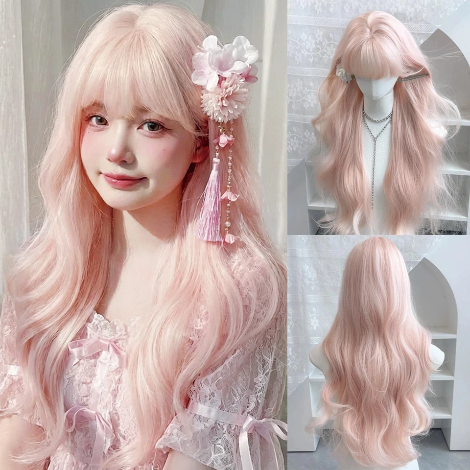Synthetic Wavy Pink Wig with Bangs Natural Long Curly Hair Cosplay Lolita Layered Wig for Women Daily Use Wig Heat Resistant