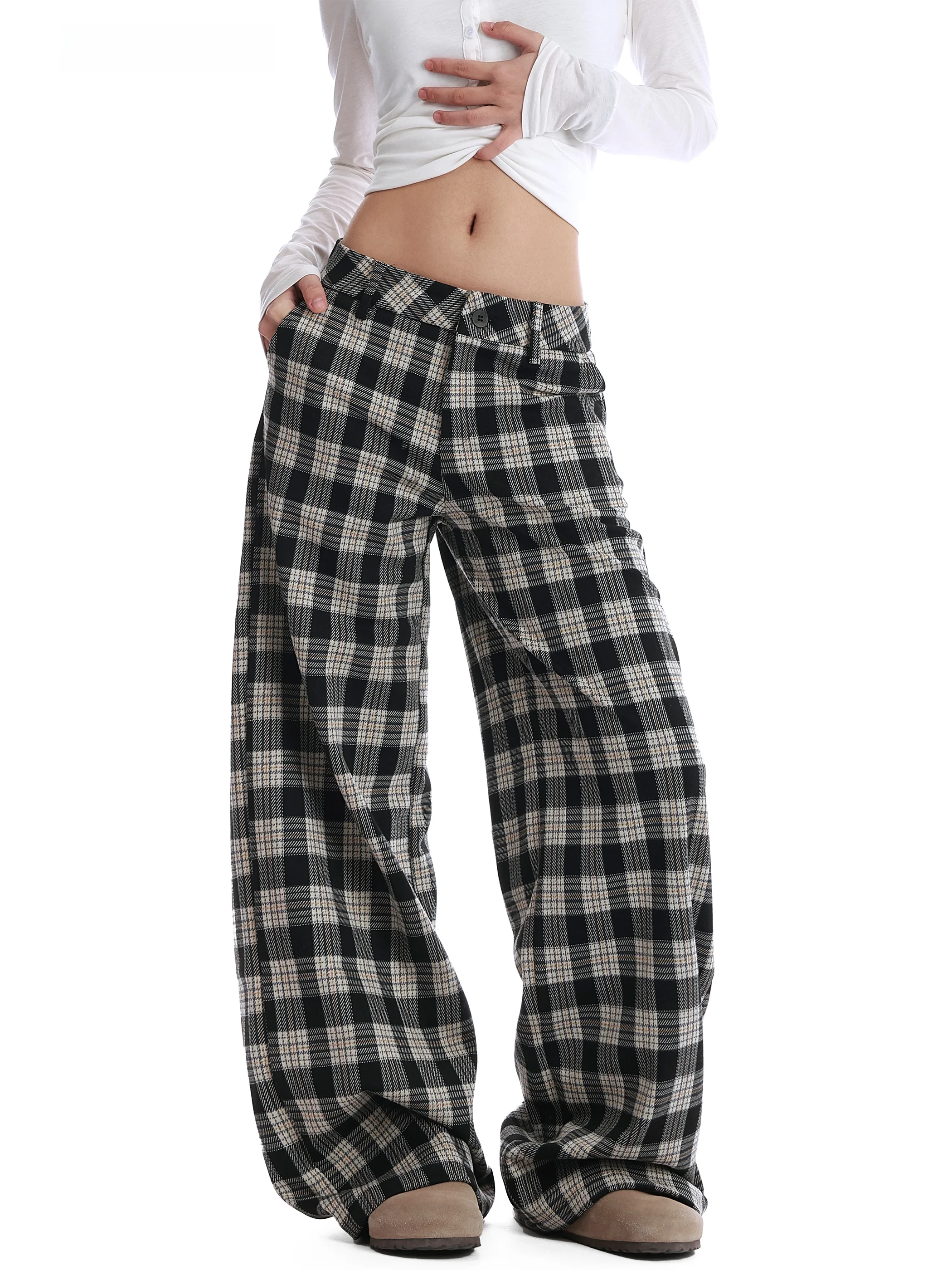 

Американские повседневные брюки с низкой талией в черно-белую клетку, утепленные, для женщин, осенне-зимние, свободного кроя, в пол