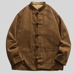 Parka informal de estilo chino para hombre, chaquetas gruesas cálidas de pana Retro, chaqueta acolchada de algodón con hebilla de disco, abrigo sólido para invierno
