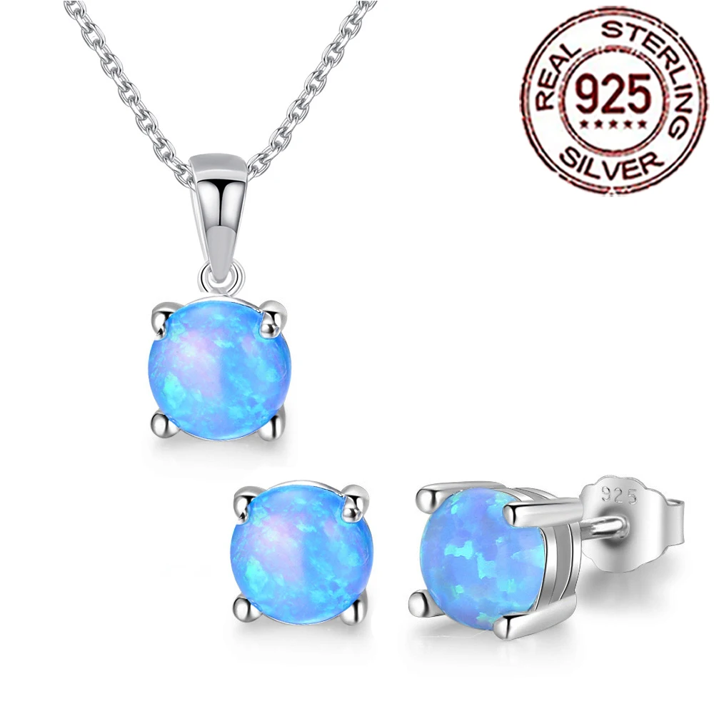 QooLady 925 Sterling Silver Elegant Round Mystical Blue Opal Earrings Necklace Sets for Women Wedding Party Jewelry Gift ST027