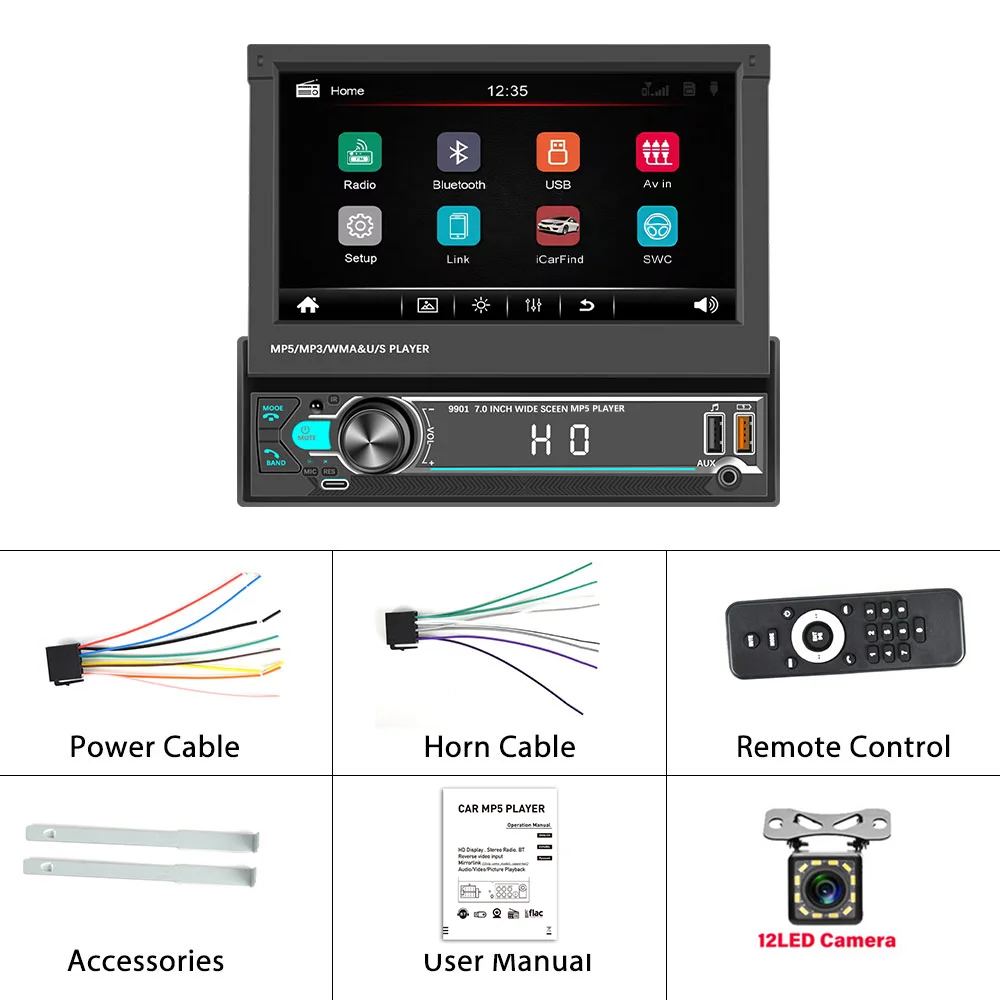 Camecho 1 Din Autoradio 7 ''Intrekbaar Scherm MP5 Multimedia Speler 1Din Autoradio FM Radio Bluetooth Mirrorlink USB/Type-C AUX