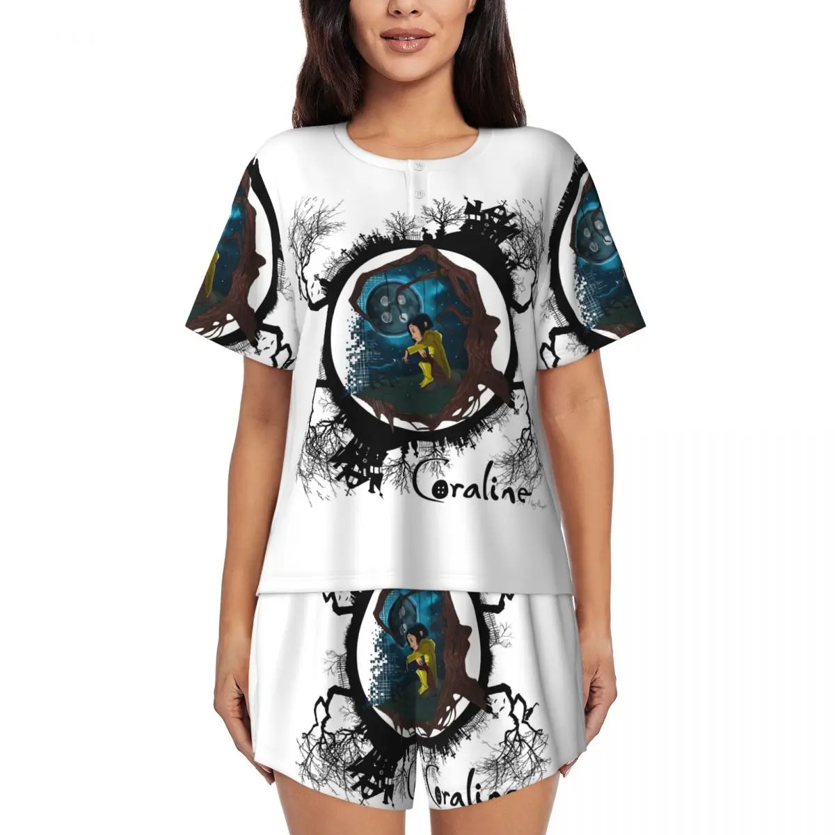 

Custom Halloween Horror Film Coraline Pajama Sets for Women 2 Piece Short Sleeve Pjs Shorts Sleepwear