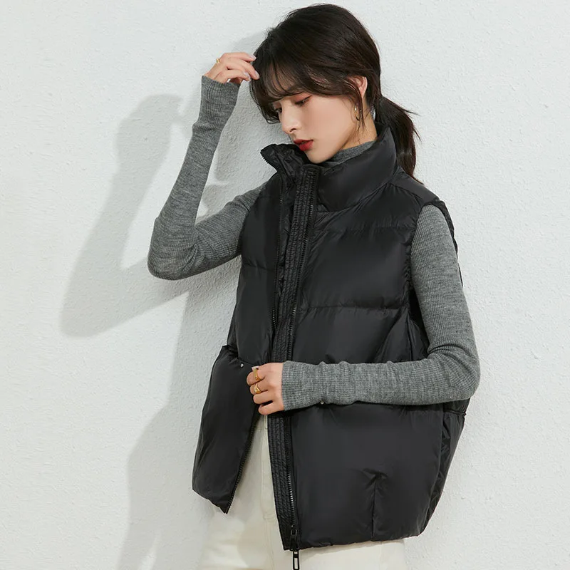 Women Vests With Zipper Solid Color White Black Khaki Sleeveless Female Duck Down Waist Coat Puffer Feather Padded Warm Jacket