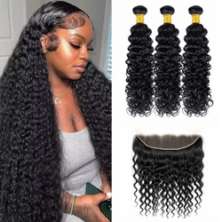 28 30 32 Inches Deep Wave Bundles With Frontal 13x4 Lace Brazilian Remy Hair Bundles for Black Women Lace Closure With Bundle