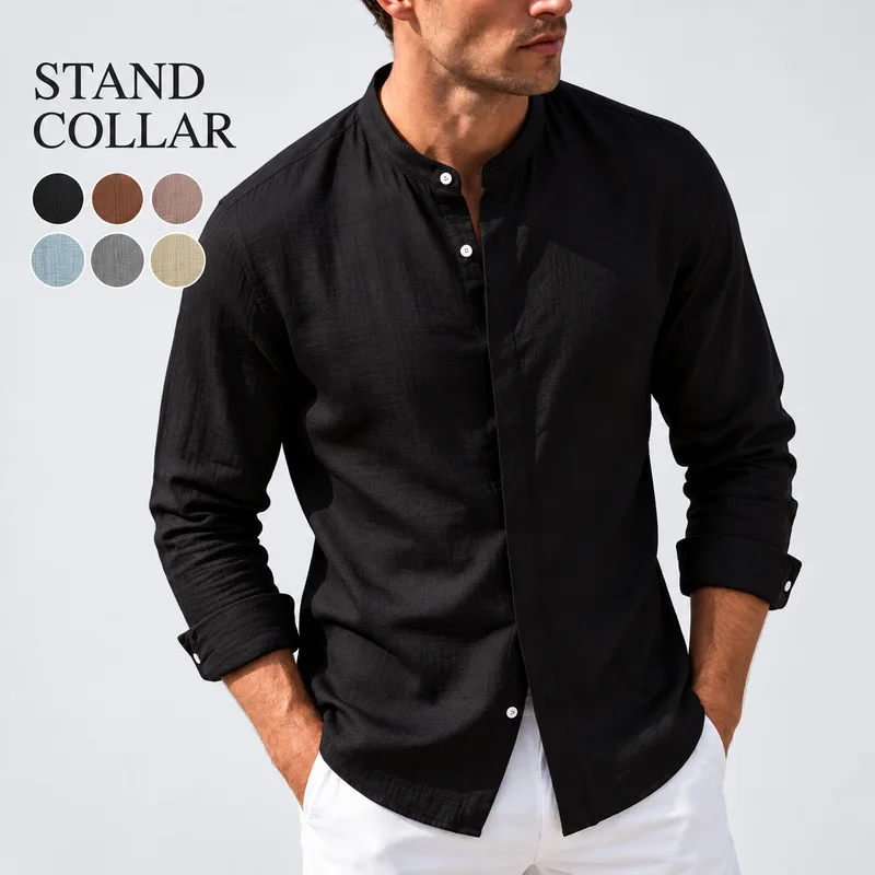 Men's Textured Polyester Mandarin Collar Shirt Long Sleeve Concealed Button Placket Solid Color Casual Office Everyday Wear