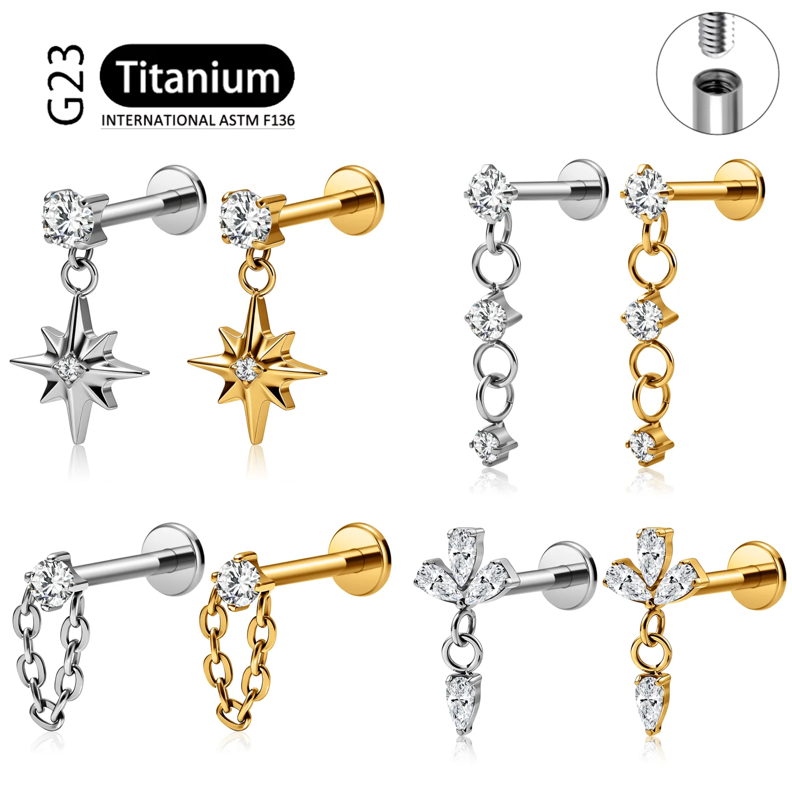 ASTM F136 G23 Titan Dangle Labret Stud mit Innengewinde, CZ-Sternkette, Knorpel-, Helix-, Tragus-Ohrringe, Lippenpiercing-Schmuck