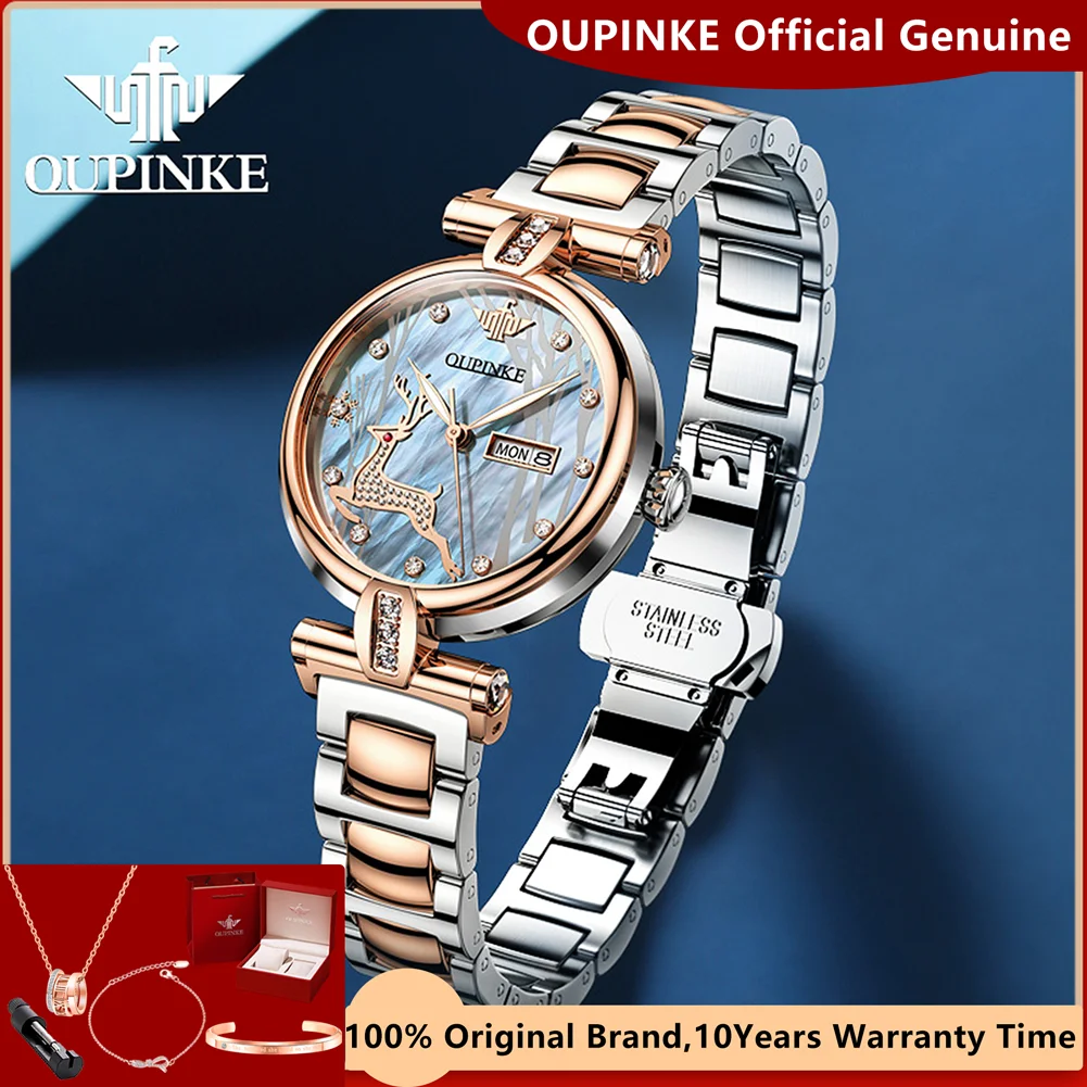 OUPINKE Woman Watch Luxury Diamond Scale Automatic Mechanical Watch for Women Stainless Steel Strap Waterproof Ladies Wristwatch