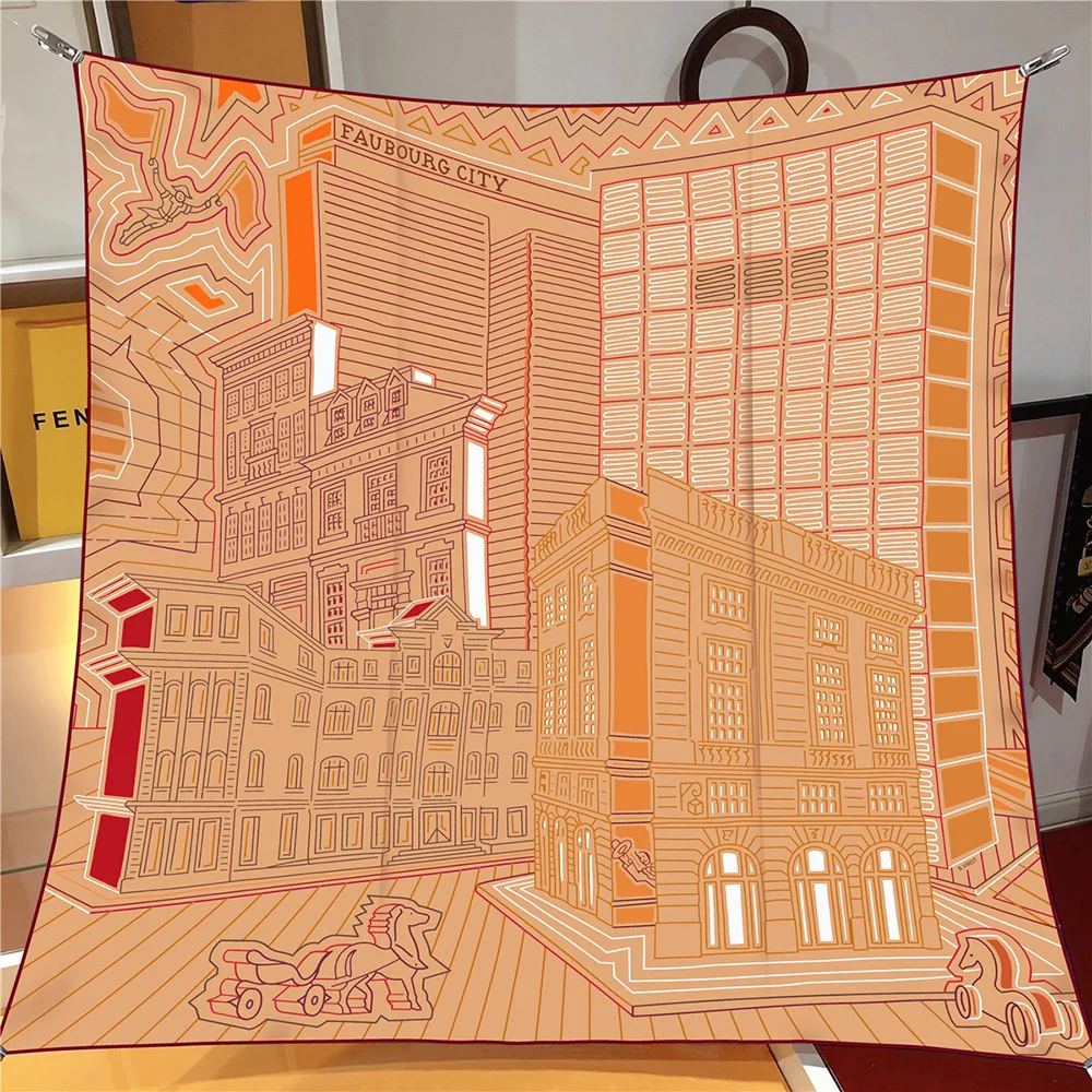 حك وشاح حريري شال العلامة التجارية الفاخرة Fubao مدينة العمارة ساحة وشاح النساء الحجاب باندانا فولارد منديل الأوشحة الرأس