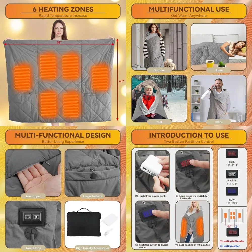 

Portable Cordless Electric Heating Blanket with Power Bank, Fast Warming Wearable Outdoor Shawl, USB-Powered Throw for Cold Weat