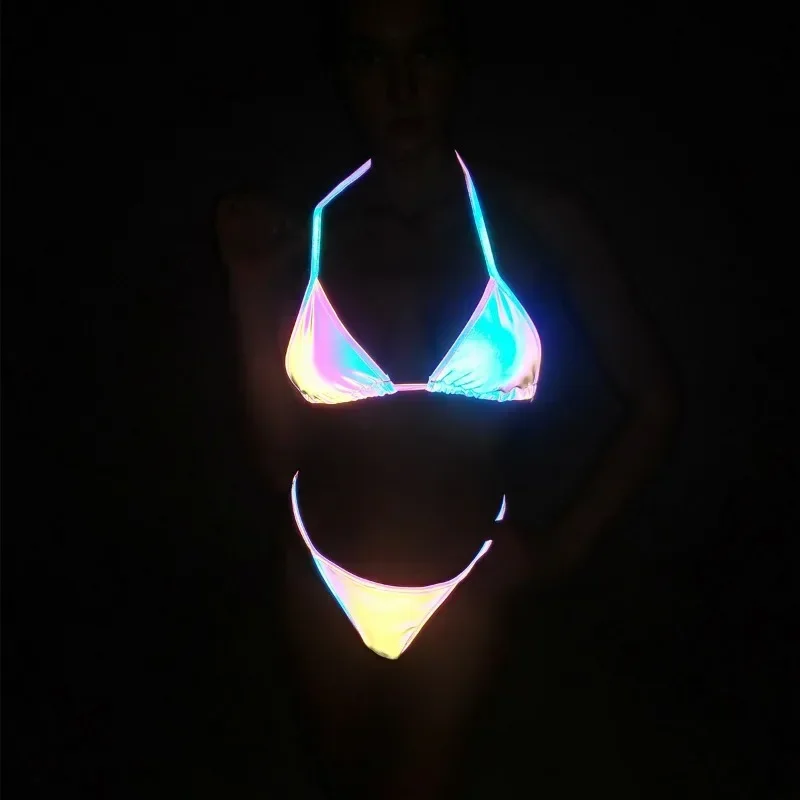 2024 New Dazzling Reflective Bikini Ins Sexy Strap Split Swimsuit Laser