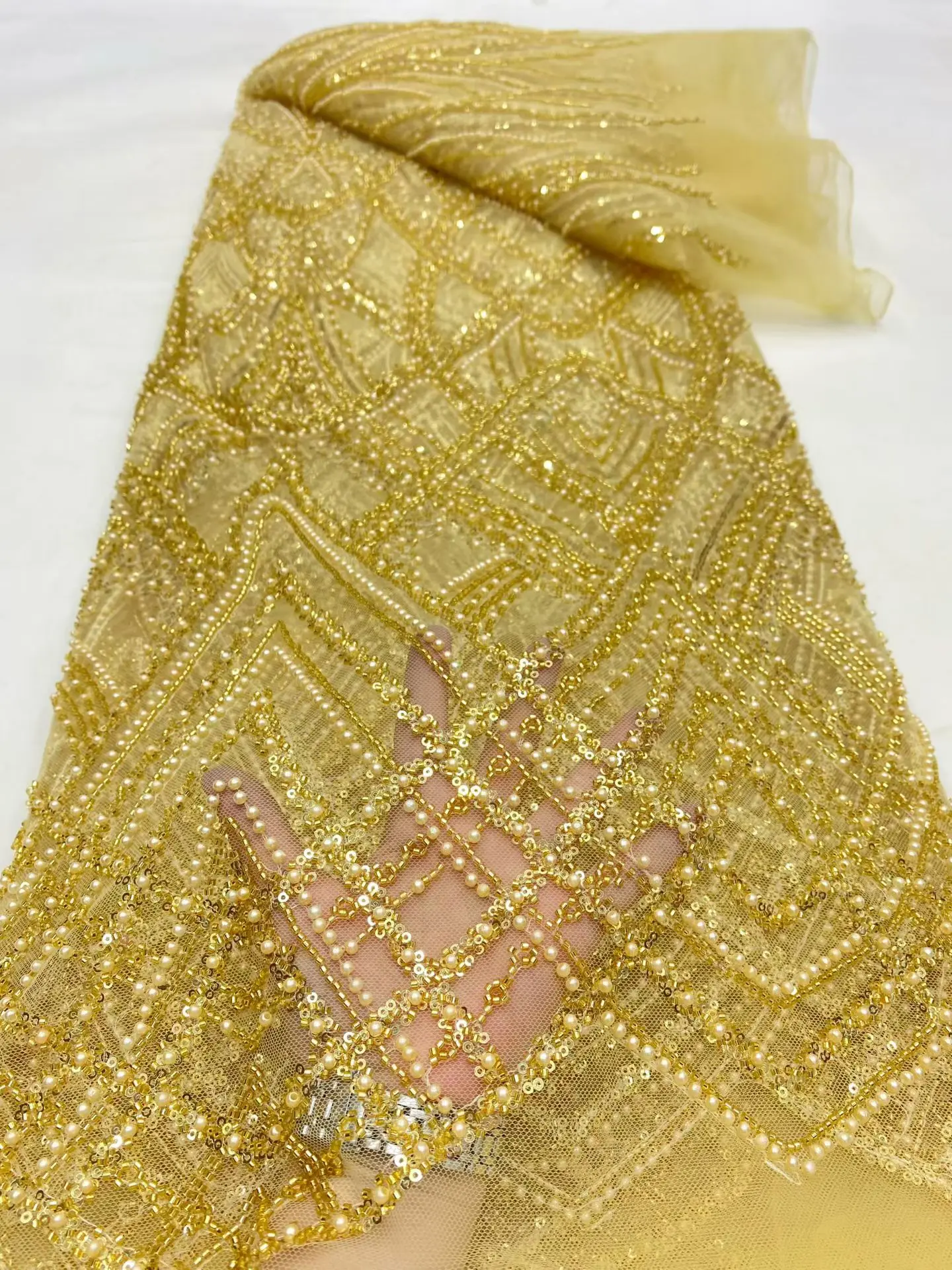 

Nigerian Ankara Lace 5Yards,Beaded Tulle Fabric with Sequins for DIY Wedding Dress, African Party Gown & Bridesmaid Costume 2025