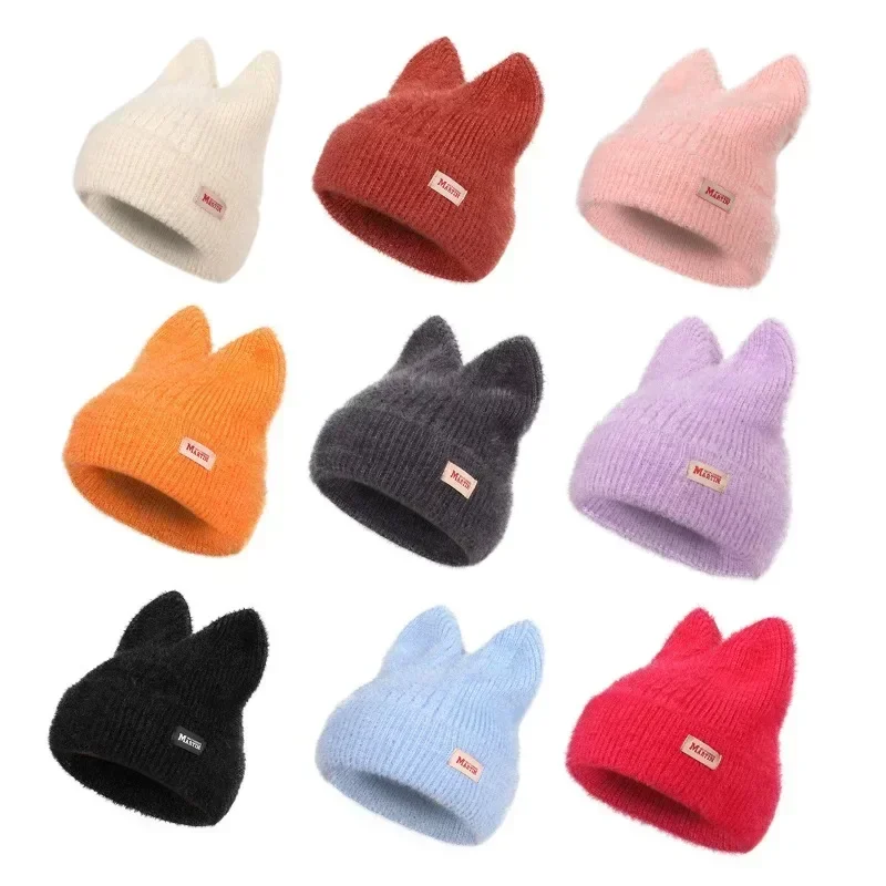 New Women Cute Cat Ear Earflap Winter Hat Fashion Faux Fur Knitted Hat Kpop Style Soft Beanie Hats Candy Female Streetwear Cap