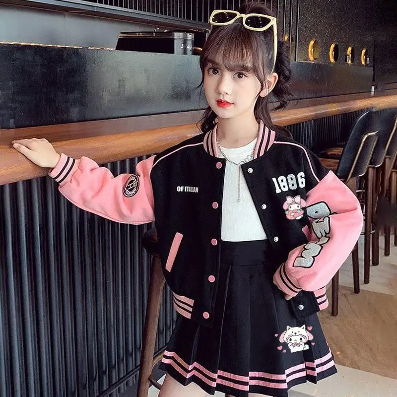 Hello Kittys Autumn Girls Clothes Baseball Jacket Uniform Coat Pleated Skirt 2Pcs Letter Suit Kuromi Kids Teenage Striped Sets