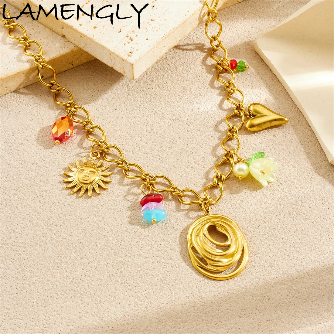 

LAMENGLY 316L Stainless Steel Colored Stone Flower Face Sun Geometric Lines Pendant Necklace Women Novel Chic Neck Chain Gifts