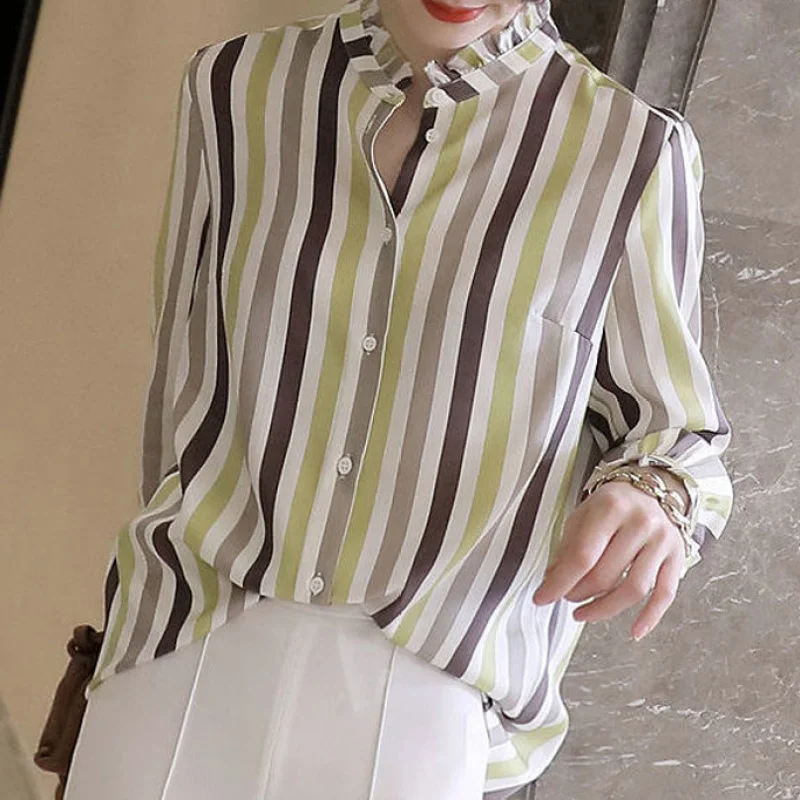 Women's Shirt Stand Collar Striped Long Sleeve Blouse Spring Tees Female Elegant Casual Pullovers Button Printing Tops