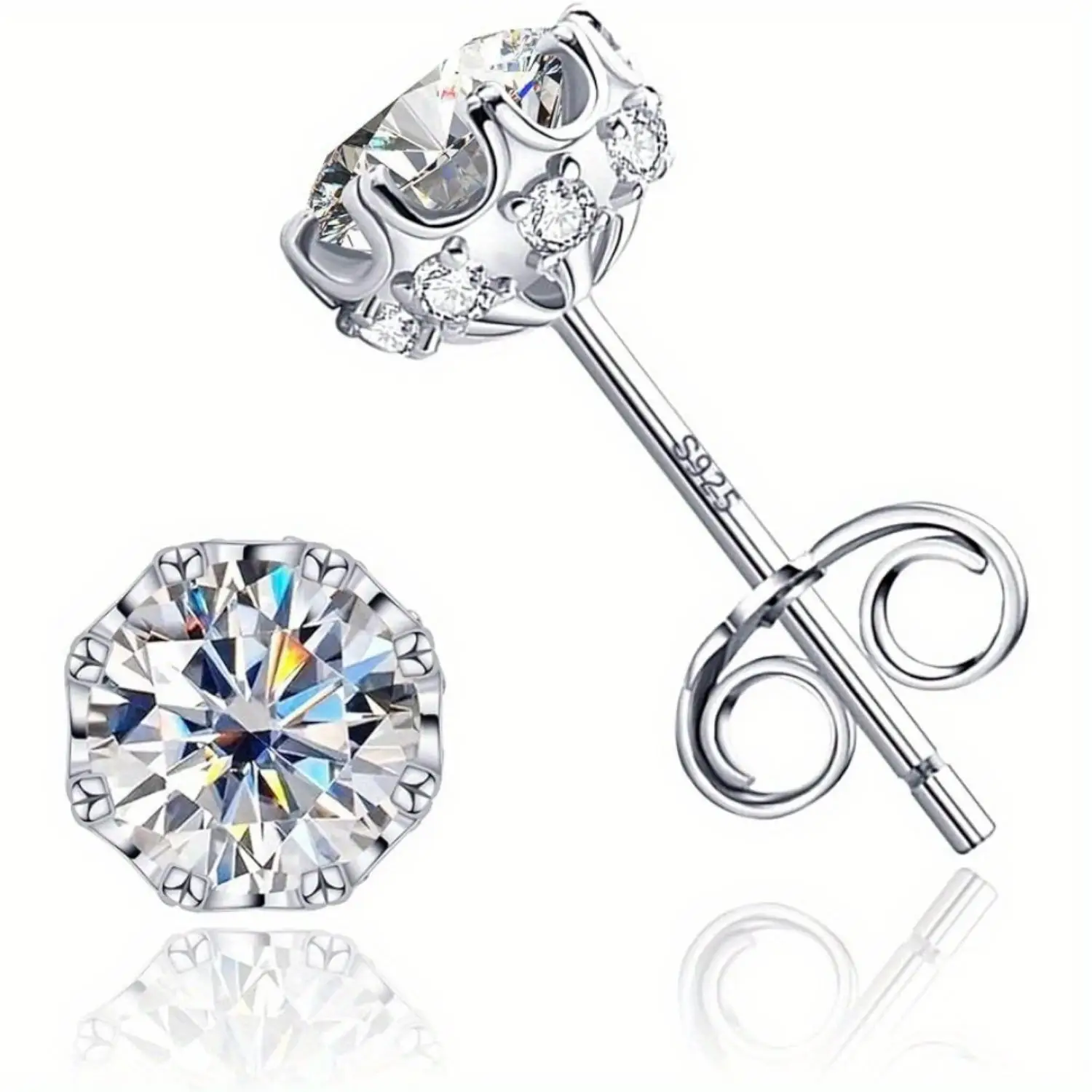 18K White Gold Plated Brilliant Cut Cubic Zirconia Stud Earrings For Women Men 8 Prong 8 Zirconia