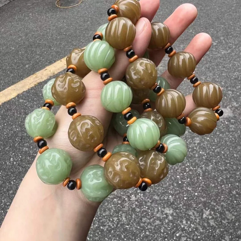 

Light Blue Walnut Simple Pumpkin Bead Jade Bracelet Fashionable Versatile