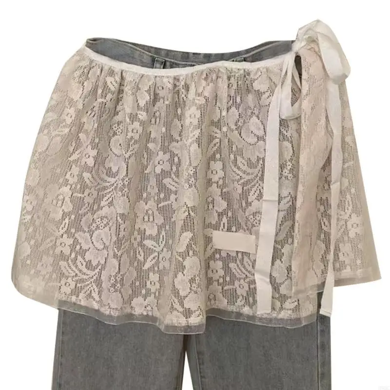 39BC Korean Flower Lace Layered Wrap Skirt Hip Scarf for Women Aesthetic Short Apron Skirt Tie Up Covering A Line Overskirt