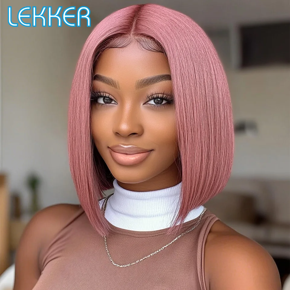 

Lekker Pink Short Pixie Straight Bob Middle Part Lace Front 100% Human Hair Wigs For Women Brazilian Remy Hair Colored Summer