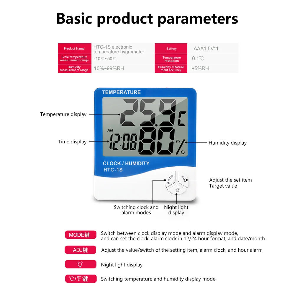 HTC-1 HTC-1S LCD Electronic Digital Temperature Humidity Meter Indoor Outdoor Thermometer Hygrometer Weather Station Clock