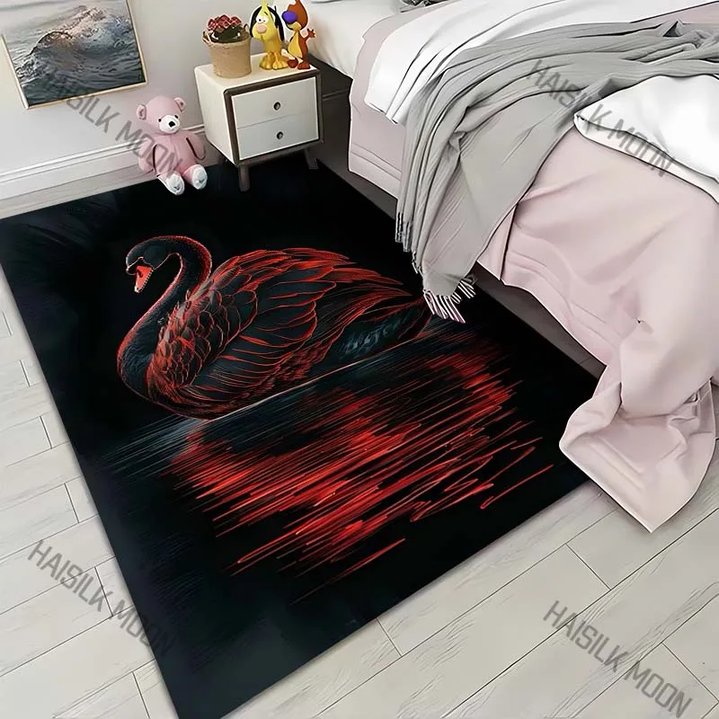Neon red outlined black swan reflection Print Carpet for Living Room Bedroom Sofa Home Decor Rus Non-slip Floor Mat Luxury Gift