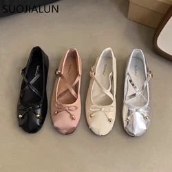 SUOJIALUN 2024 Autumn Women Flat Shoes Fashion Round Toe Shallow Slip On Ballerinas Shoes Ladies Soft Flat Heel Dress Mary Jane