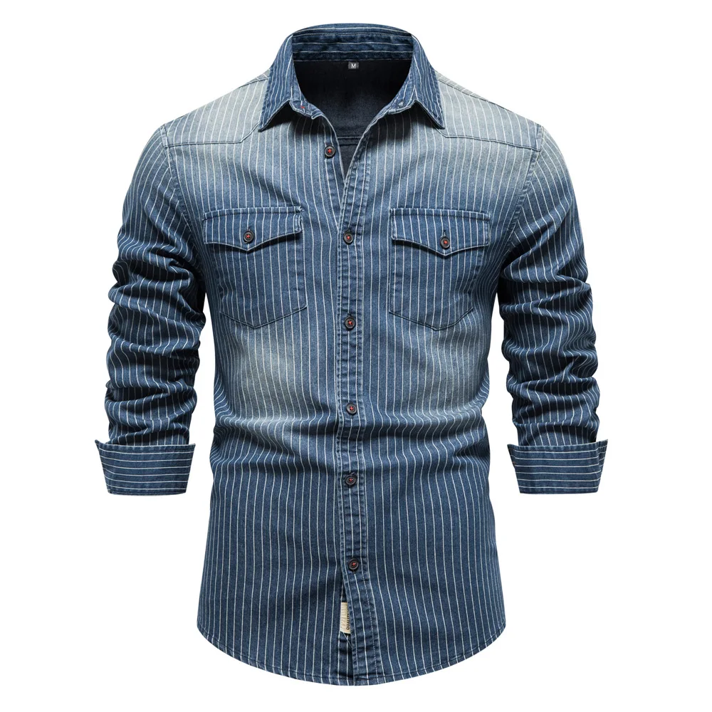 Camisas de mezclilla de algodón para hombre, camisa de mezclilla elástica a rayas de manga larga negra, blusas vaqueras delgadas informales de