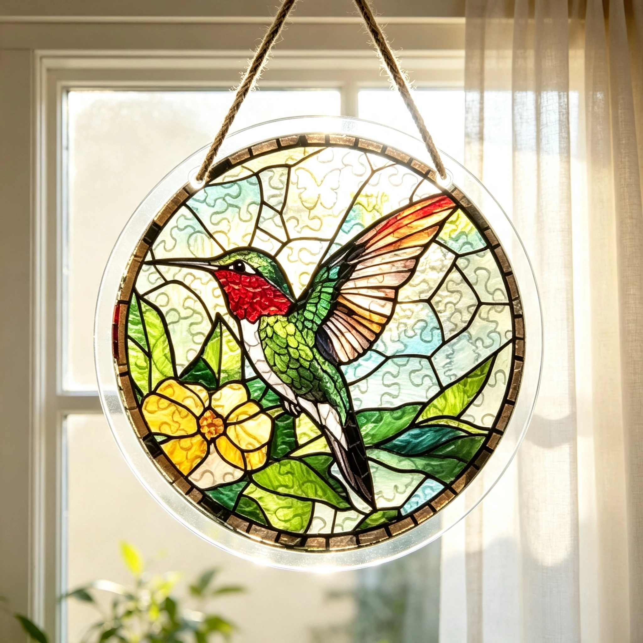 Round Acrylic Suncatcher Hummingbird with Yellow Blossom Jute Rope Hanging Sign