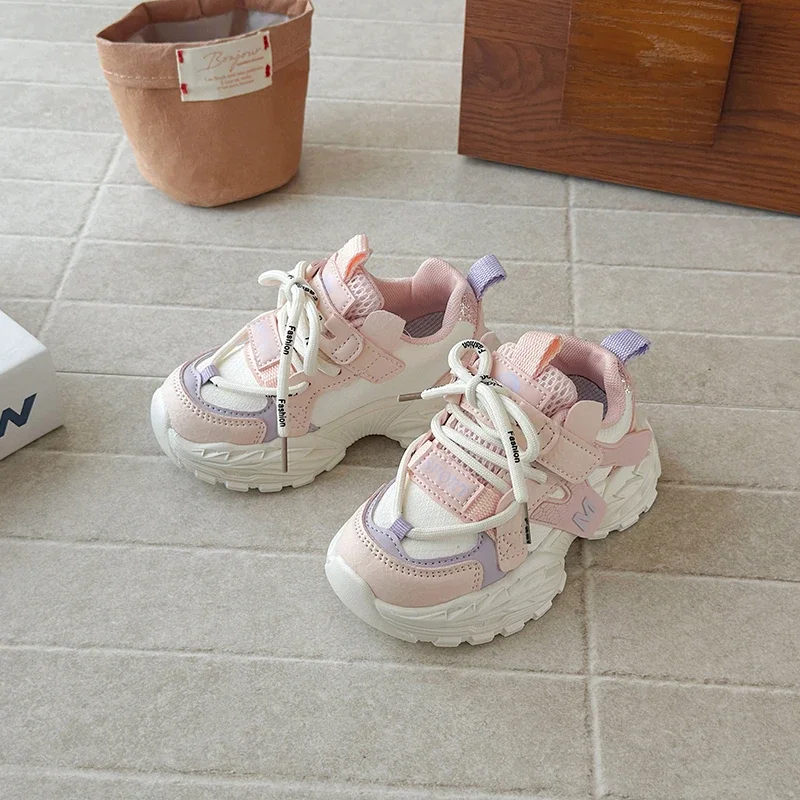 Toddler Letter M Chunky Sneakers, Kids Hook‑and‑Loop Mesh Patchwork Thick‑Sole Casual Sports Shoes 3 Colors