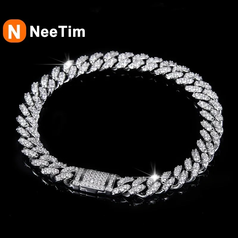 

NeeTim Full Moissanite Hip Hop Men Women Cuban Chain Bracelets 925 Sterling Silver with Gold Plated Cuban Bracelet Jewelry