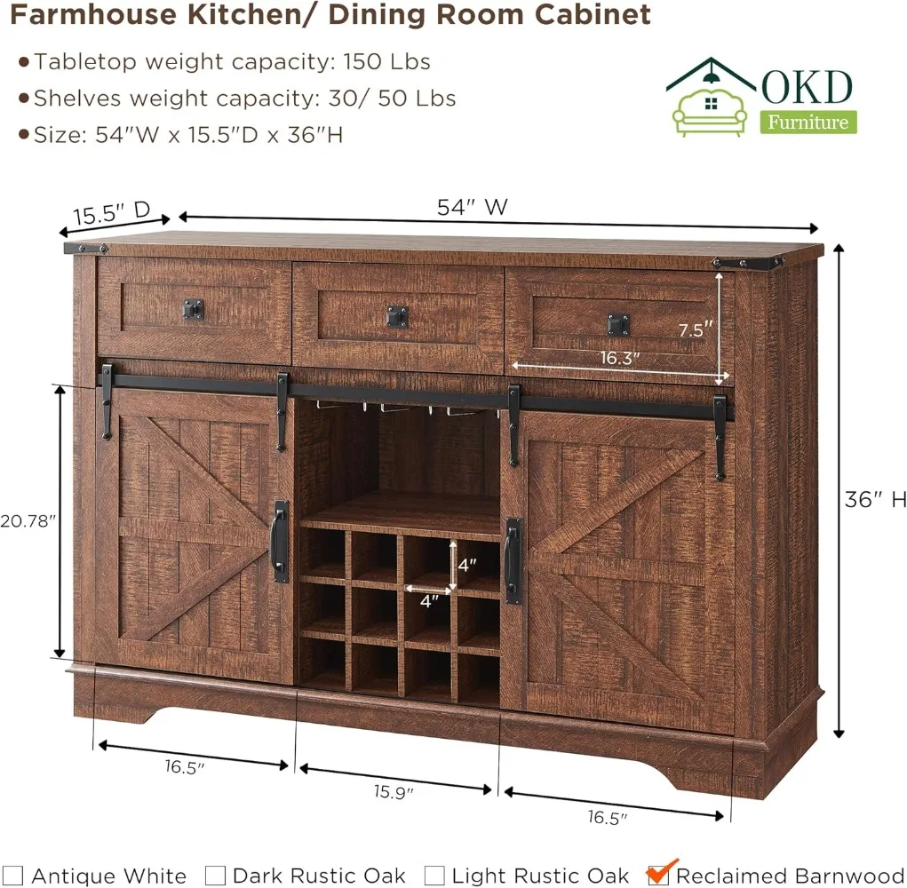 Armário de bar de vinho OKD Farmhouse com porta deslizante de celeiro, armário de bar de café de cozinha de 54" com rack de vinho e vidro, prateleiras de armazenamento, 3