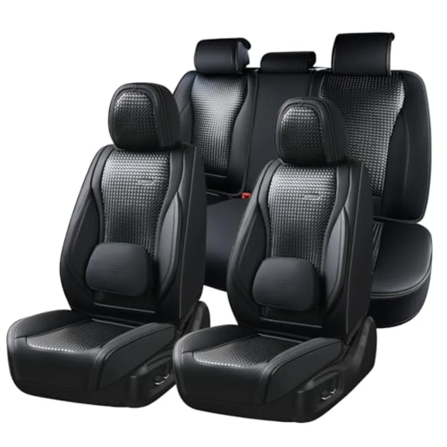 

Car Seat Covers Full Set Black Waterproof Nappa Leather Automotive Seat Covers with Lumbar Head Pillow Car Seat Protectors Univ