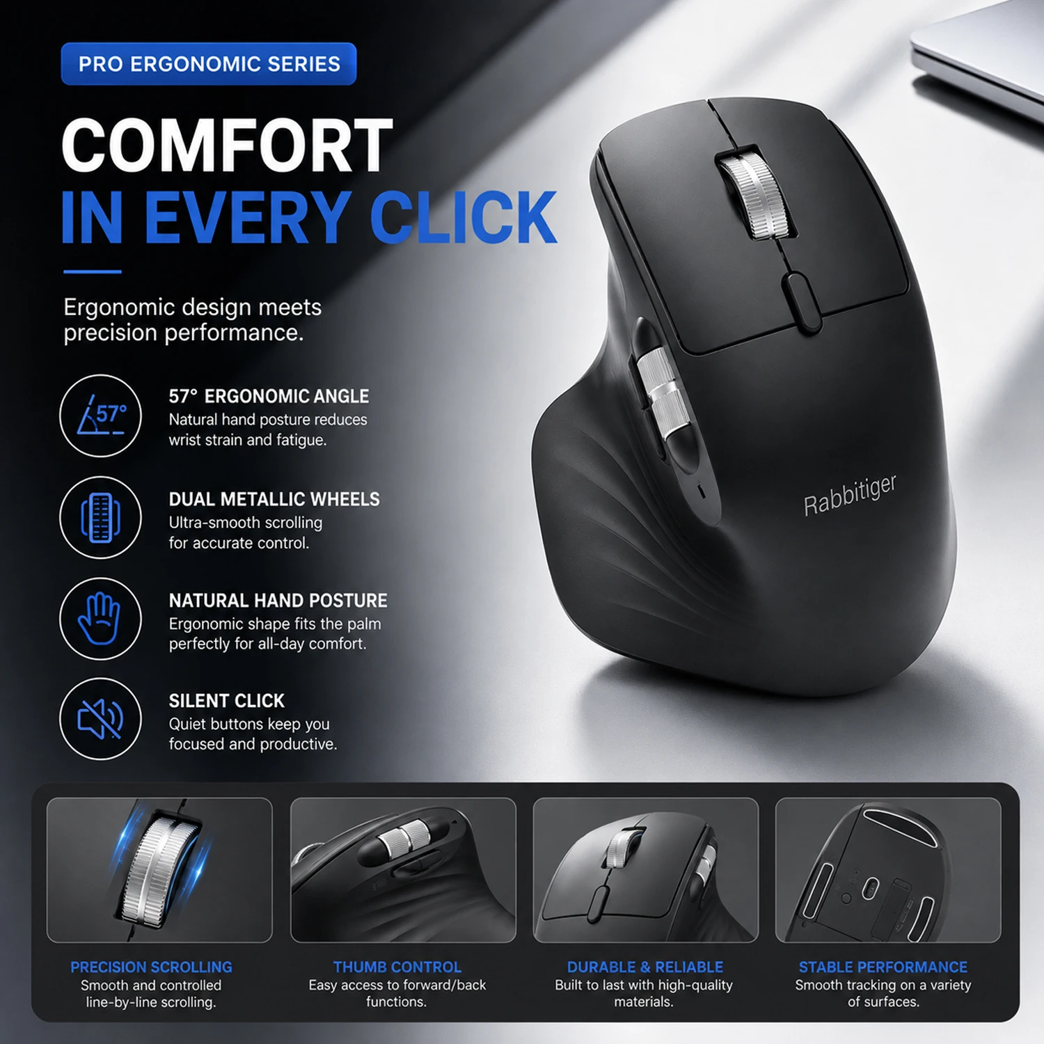 Rabbitiger Mouse Ergonomic 2.4GHz Wireless Optical Mice 3 Adjustable DPI 800/1200/1600 6 Buttons For Laptop PC Computer 2026 New